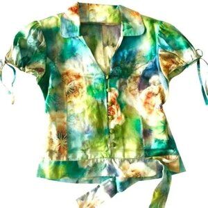 ✨Designer Silky Top ESCADA Floral Rio Print Short Sleeve Button Up Dress Shirt ✨